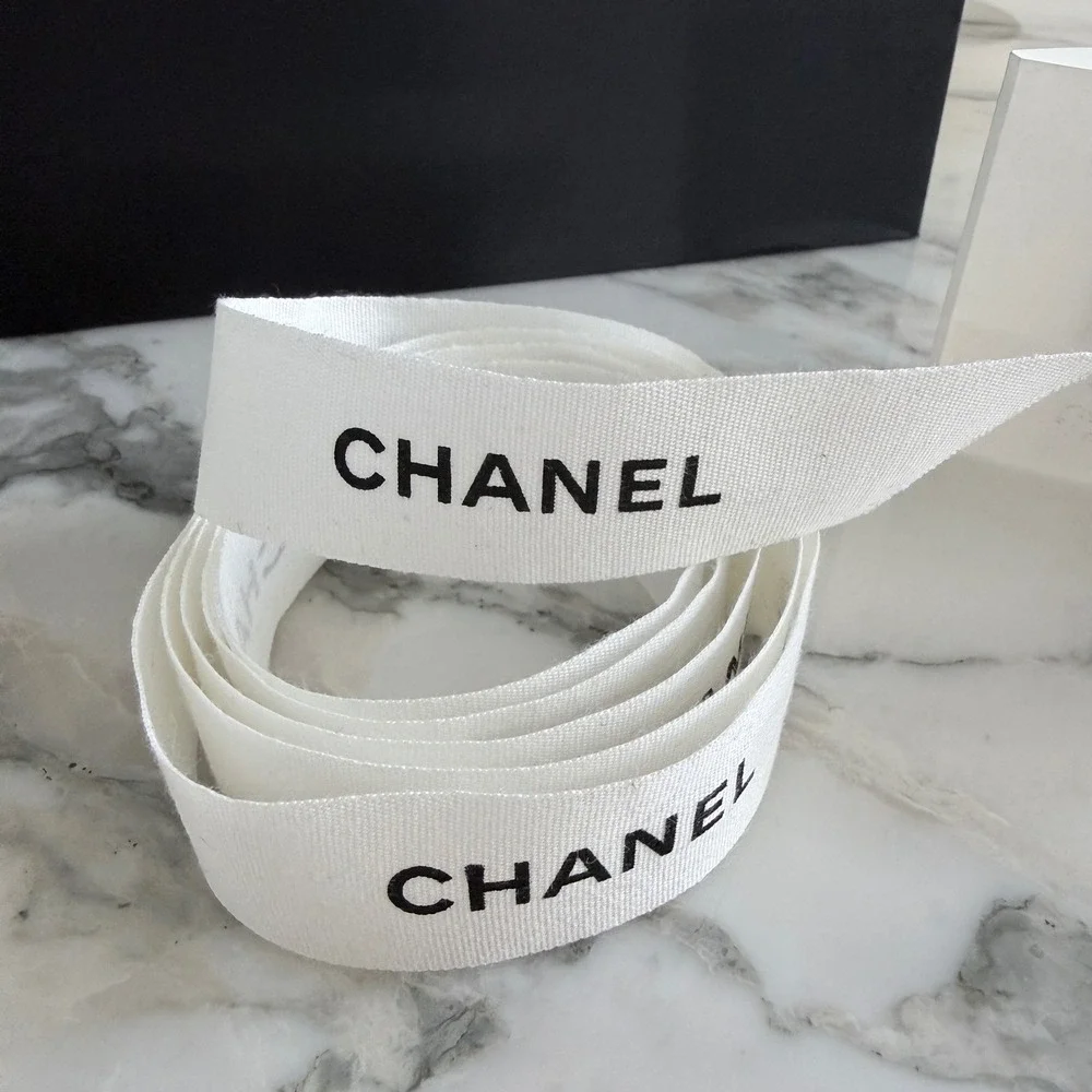 Chanel White Cotton Ribbon Black Logo Authentic Designer Gift Wrap Crafting 70